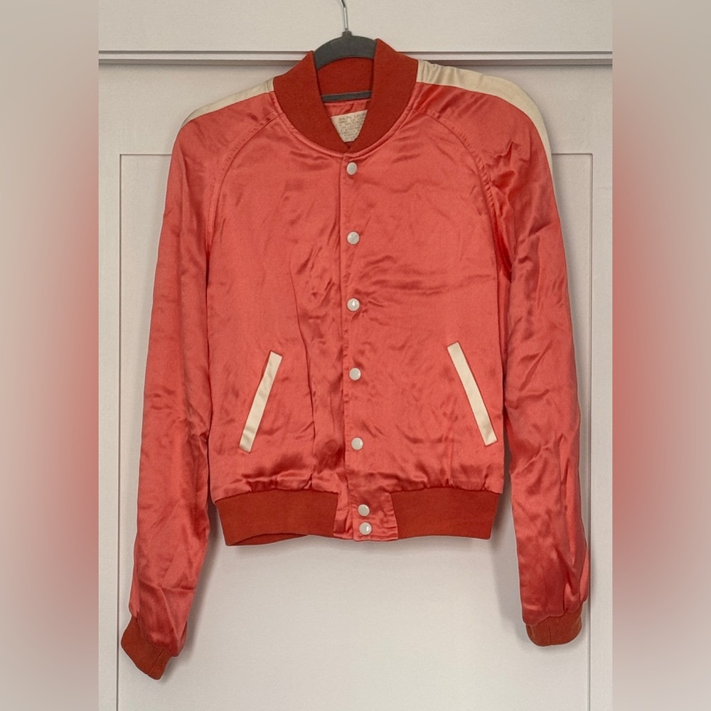 Ralph Lauren Red Satin Bomber Jacket with Cream Trim
